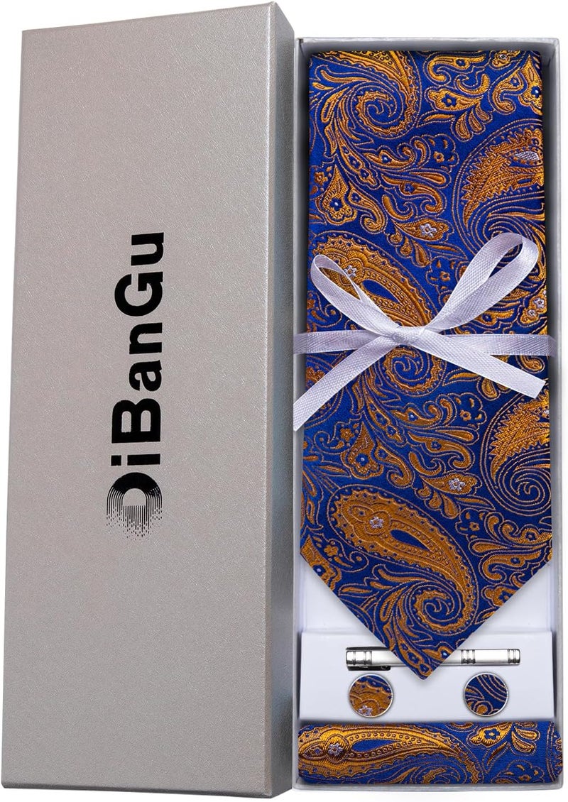 DiBanGu Paisley Ties for Men Silk Necktie and Pocket Square Cufflinks Tie Clip Set Woven Classic Mens Tie for Wedding Party - Image 3
